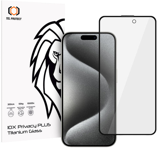 Tel Protect 10X Plus Titanium adatvédő kijelzővédő fólia Apple iPhone 17 / 16 Pro készülékhez, edzett üveg, teljes felületén tapadó ragasztóval