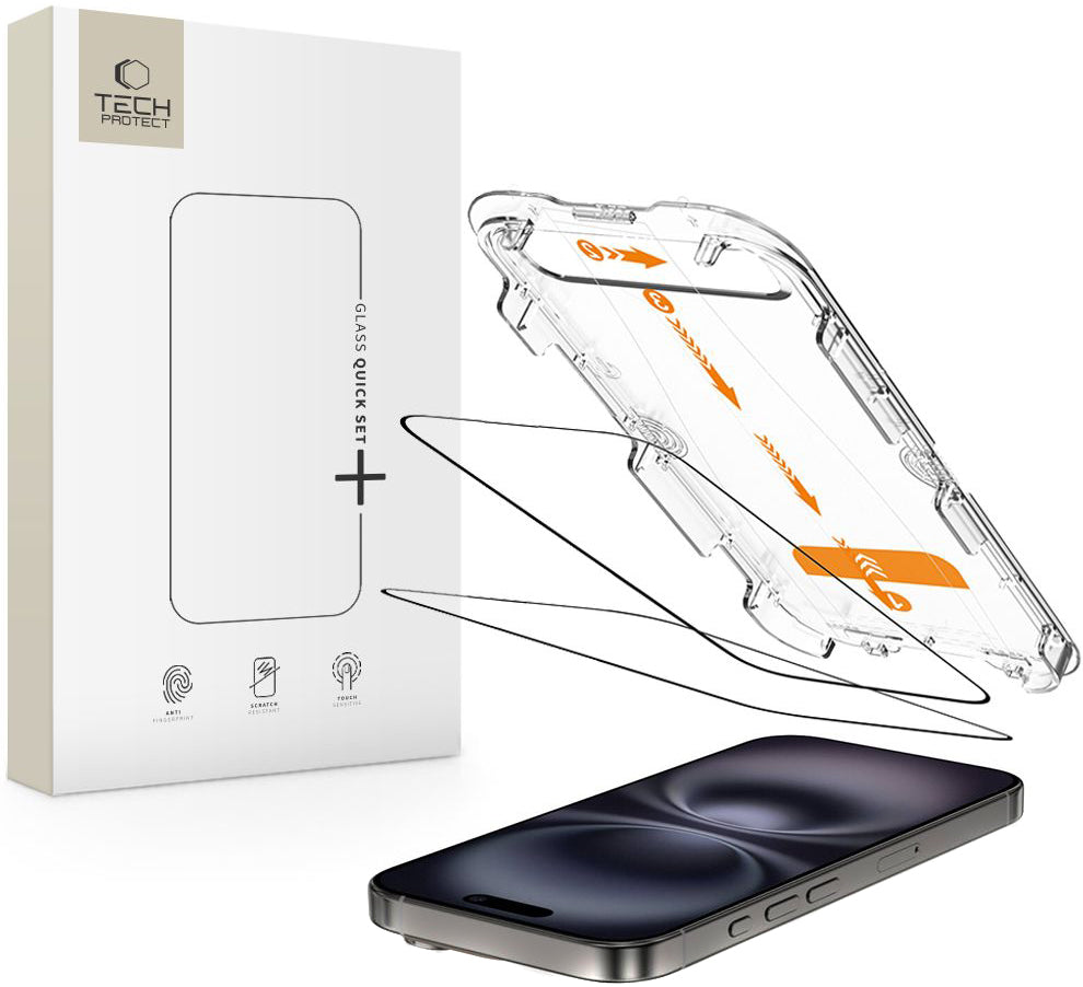 Tech-Protect Quick Set+ védőfólia Apple iPhone 16 / 15 készülékhez, Edzett üveg, Teljes ragasztás, 2 darabos készlet, Fekete