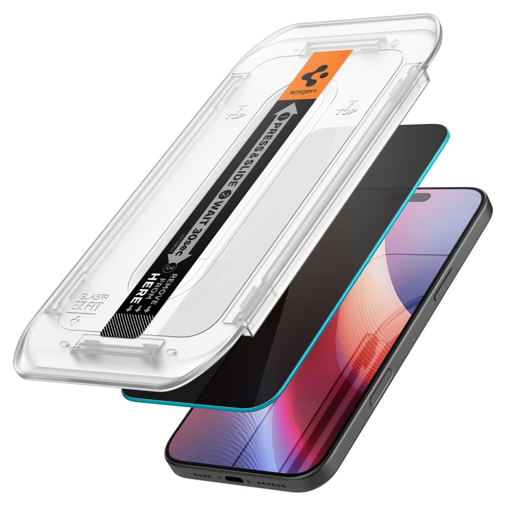 Privacy képernyővédő fólia Spigen GlastR EZ FIT Apple iPhone 17 Pro / 17 / 16 Pro készülékekhez, Edzett üveg, Teljes ragasztás, 2 darabos készlet AGL07929