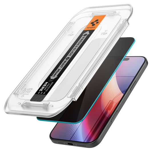 Privacy képernyővédő fólia Spigen GlastR EZ FIT Apple iPhone 17 Pro / 17 / 16 Pro készülékekhez, Edzett üveg, Teljes ragasztás, 2 darabos készlet AGL07929