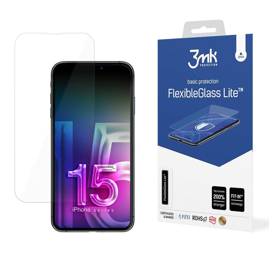 3MK FlexibleGlass Lite képernyővédő fólia Apple iPhone 15-höz, rugalmas üveg, teljes ragasztóval