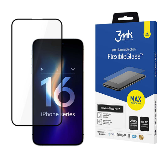 3MK FlexibleGlass Max képernyővédő fólia Apple iPhone 16 Pro-hoz, rugalmas üveg, teljes ragasztó, fekete