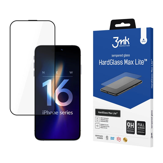 Képernyővédő fólia 3MK HardGlass Max Lite Apple iPhone 17 / 16 Pro-hoz, Edzett üveg, Teljes ragasztás, Fekete