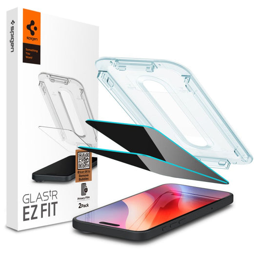 Privacy képernyővédő fólia Spigen GlastR EZ FIT Apple iPhone 17 Pro / 17 / 16 Pro készülékekhez, Edzett üveg, Teljes ragasztás, 2 darabos készlet AGL07929