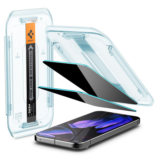 Spigen GlastR EZ FIT Privacy képernyővédő fólia Google Pixel 9 / 9 Pro készülékhez, edzett üveg, teljes ragasztó, 2 darabos készlet