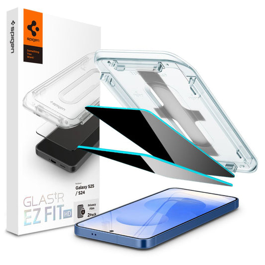 Spigen GlastR EZ FIT HD Privacy képernyővédő fólia Samsung Galaxy S25 S931 / S24 S921 készülékhez, edzett üveg, teljes ragasztó, 2 darabos készlet