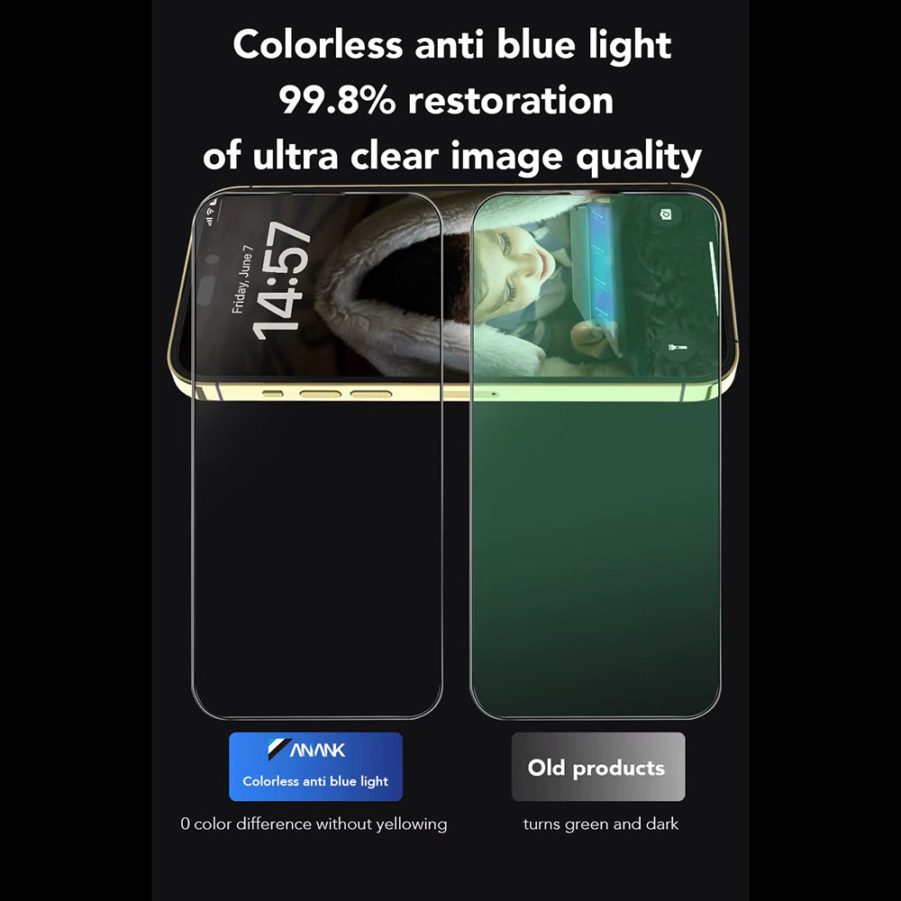 Anank Anti Blue Light Screen Protector for Apple iPhone 15 Pro Max, Tempered Glass, Full Glue, 2.5D, Black