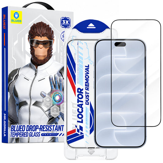Blueo Drop Resistant Applicator Pro kijelzővédő fólia Apple iPhone 18 Pro / 17 Pro / 17 / 16 Pro készülékhez, edzett üveg, teljes felületén ragasztós, fekete
