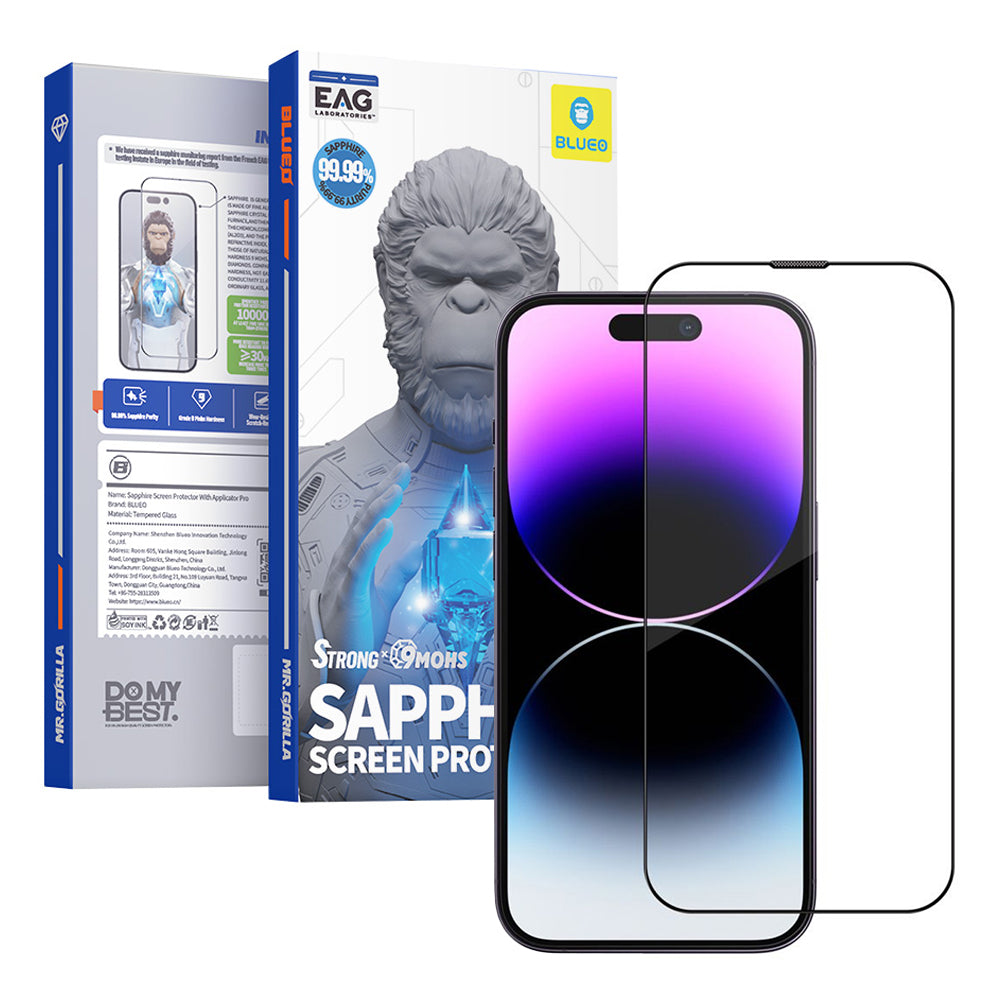 Blueo Sapphire Applicator Pro képernyővédő fólia Apple iPhone 15 Pro-hoz, edzett üveg, teljes ragasztó, fekete