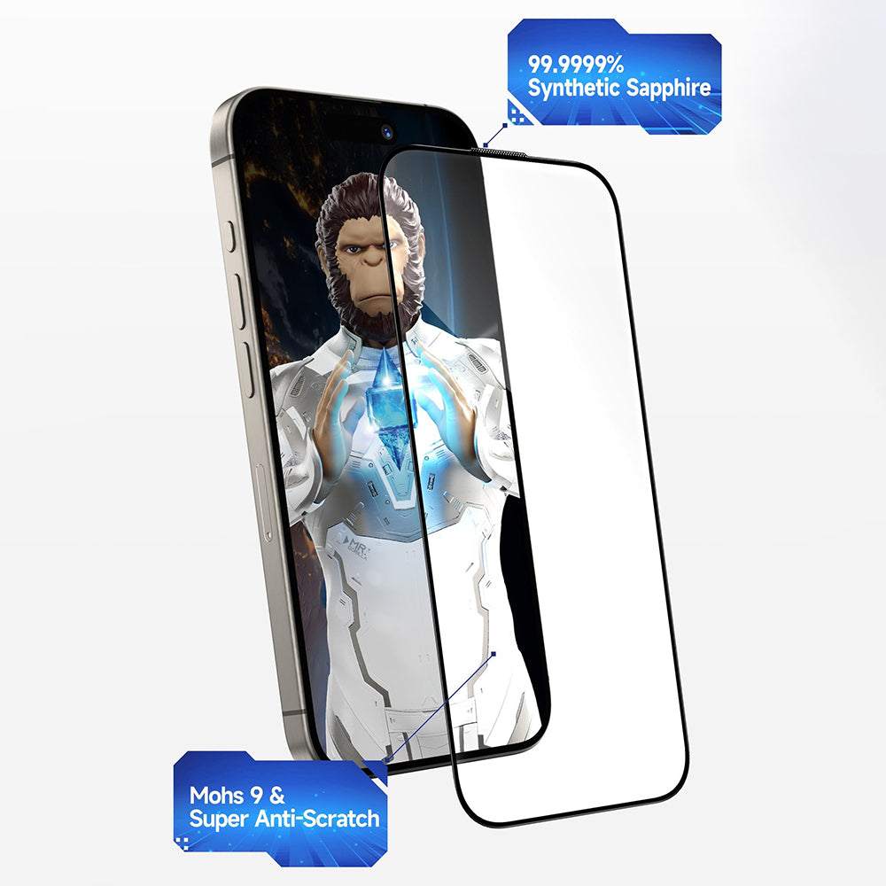 Blueo Sapphire Applicator Pro képernyővédő fólia Apple iPhone 15 Pro-hoz, edzett üveg, teljes ragasztó, fekete