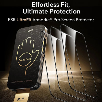 ESR Corning UltraFit képernyővédő fólia Apple iPhone 17 / 16 Pro készülékhez, Edzett üveg, Teljes ragasztás, 3 darabos készlet