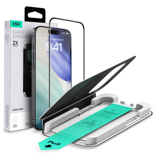 ESR UltraFit védőfólia Apple iPhone 17 / 16 Pro készülékhez, Edzett üveg, Teljes ragasztás, Fekete
