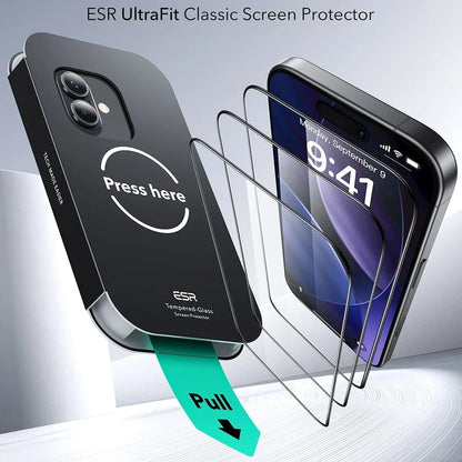 ESR UltraFit képernyővédő fólia Apple iPhone 17 / 16 Pro készülékhez, Edzett üveg, Teljes ragasztás, 3 darabos készlet