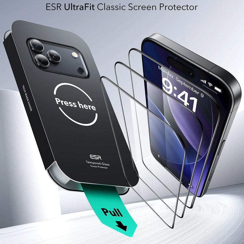 Védőfólia ESR UltraFit Apple iPhone 17 Pro Max készülékhez, Edzett üveg, Teljes ragasztás, 3 darabos készlet