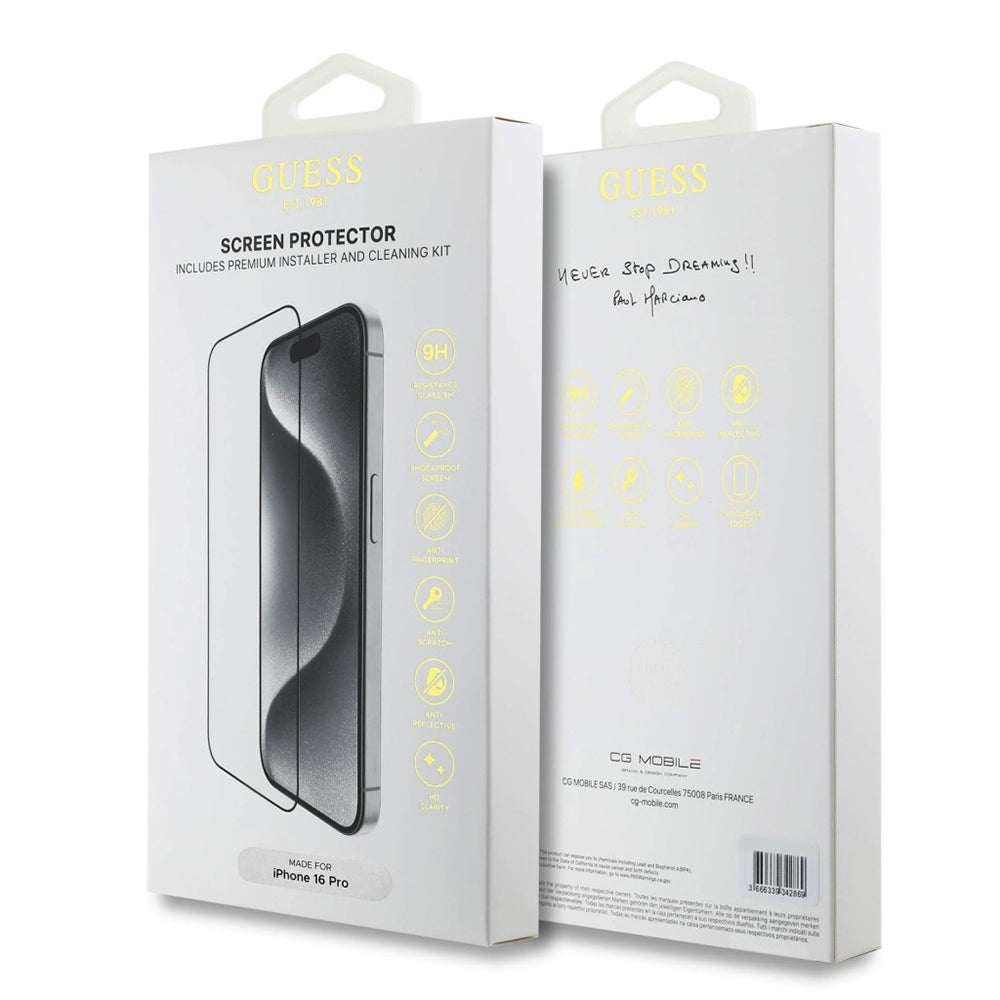 Guess Classic Outline képernyővédő fólia Apple iPhone 16 Pro Max készülékhez, Edzett üveg, Teljes ragasztás, 2.5D, Fekete GUTGP16XBOKGCIT