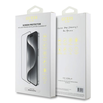 Guess Classic Outline képernyővédő fólia Apple iPhone 16-hoz, Edzett üveg, Teljes ragasztás, 2.5D, Fekete GUTGP16SBOKGCIT