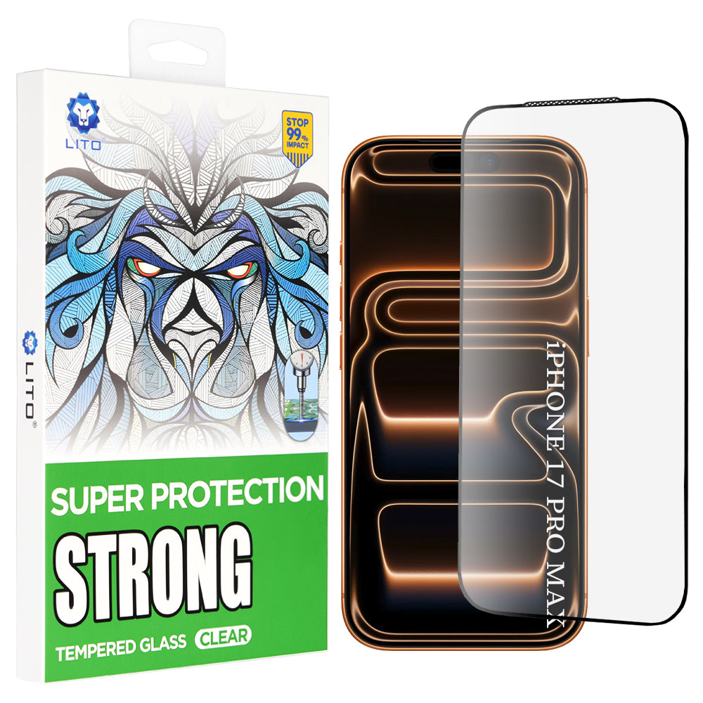 Védőfólia Lito D+ Max Strong Apple iPhone 17 Pro Max készülékhez, Edzett üveg, Teljes ragasztás, Fekete