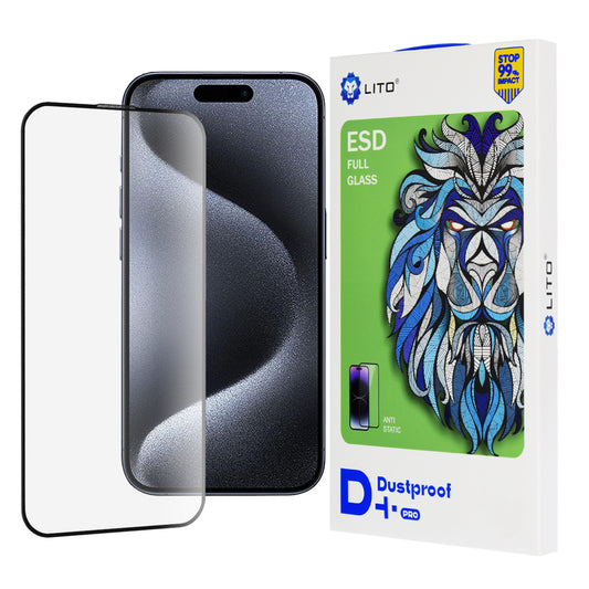 Lito D+ Pro Porvédőfólia Apple iPhone 15 Pro-hoz, Porálló, Edzett Üveg, Teljes Ragasztó, Fekete