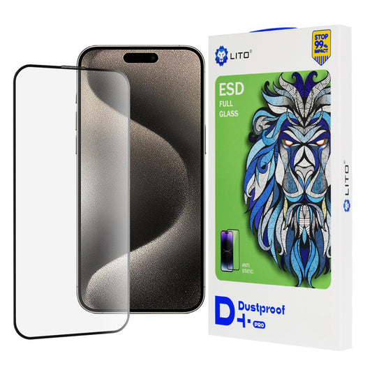 Lito D+ Pro Porvédőfólia Apple iPhone 15-höz, Porálló, Edzett Üveg, Teljes Ragasztó, Fekete