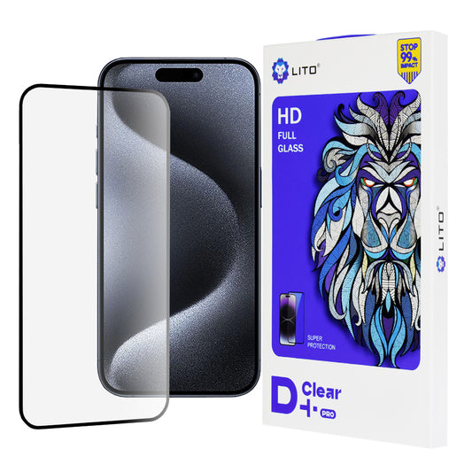Lito D+ Pro képernyővédő fólia Apple iPhone 15 Pro-hoz, edzett üveg, teljes ragasztó, fekete