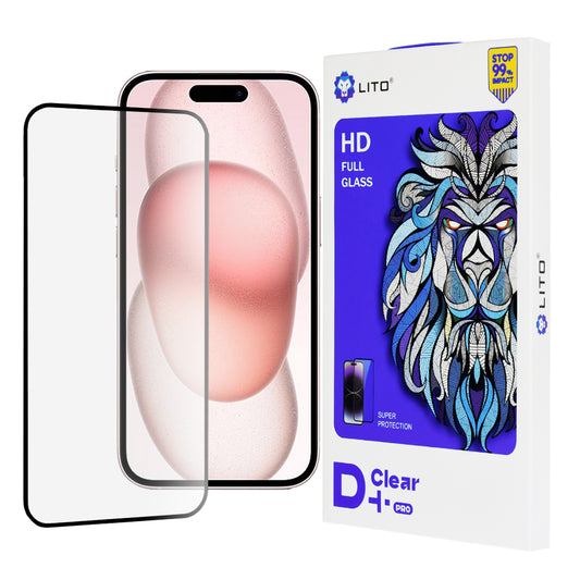 Lito D+ Pro képernyővédő fólia Apple iPhone 15-höz, edzett üveg, teljes ragasztó, fekete