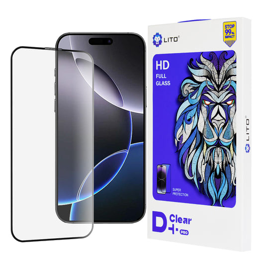 Lito D+ Pro képernyővédő fólia Apple iPhone 16 Pro Max-hoz, edzett üveg, teljes ragasztó, fekete