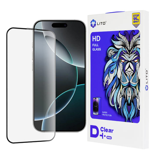 Lito D+ Pro képernyővédő fólia Apple iPhone 16 Pro-hoz, edzett üveg, teljes ragasztó, fekete