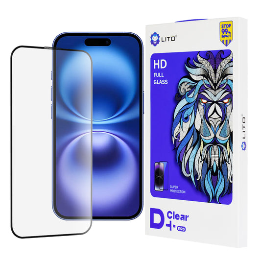 Lito D+ Pro képernyővédő fólia Apple iPhone 16-hoz, edzett üveg, teljes ragasztó, fekete