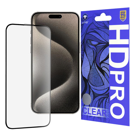 Lito HD Pro Clear képernyővédő fólia Apple iPhone 15 Pro Max készülékhez, edzett üveg, teljes ragasztó, fekete