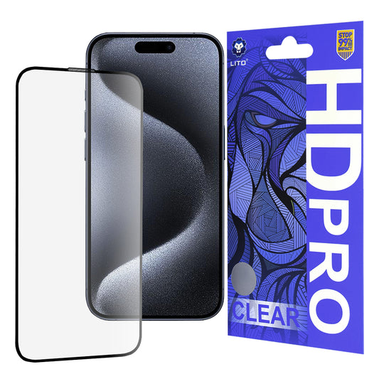 Lito HD Pro Clear képernyővédő fólia Apple iPhone 15 Pro-hoz, edzett üveg, teljes ragasztó, fekete
