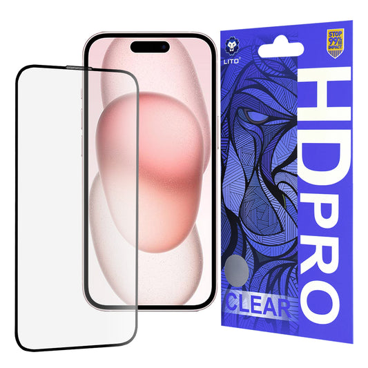 Lito HD Pro Clear képernyővédő fólia Apple iPhone 15-höz, edzett üveg, teljes ragasztó, fekete