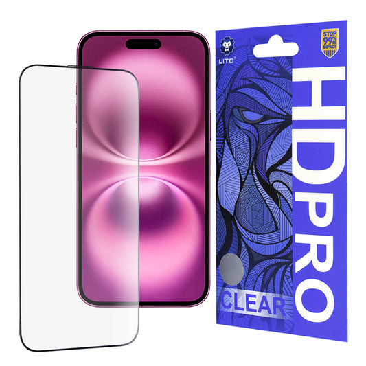 Lito HD Pro Clear képernyővédő fólia Apple iPhone 16 Plus-hoz, edzett üveg, teljes ragasztó, fekete