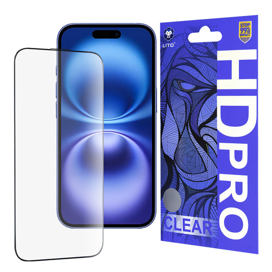 Lito HD Pro Clear képernyővédő fólia Apple iPhone 16-hoz, edzett üveg, teljes ragasztó, fekete
