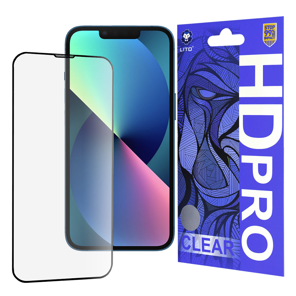 Lito HD Pro Clear képernyővédő fólia Apple iPhone 17e / 16e / 14 / 13 Pro készülékekhez, edzett üveg, teljes ragasztó, fekete