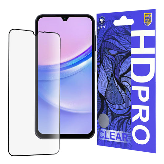 Lito HD Pro Clear képernyővédő fólia Samsung Galaxy A15 5G A156 / A15 A155 / A25 A256 / A24 4G A245 készülékhez, edzett üveg, teljes ragasztó, fekete