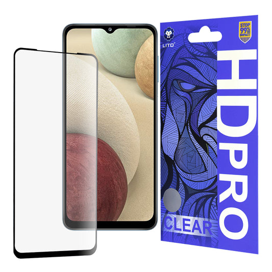 Lito HD Pro Clear képernyővédő fólia Samsung Galaxy F12 F127 / A12 Nacho A127 / M02 M022 készülékekhez, edzett üveg, teljes ragasztó, fekete