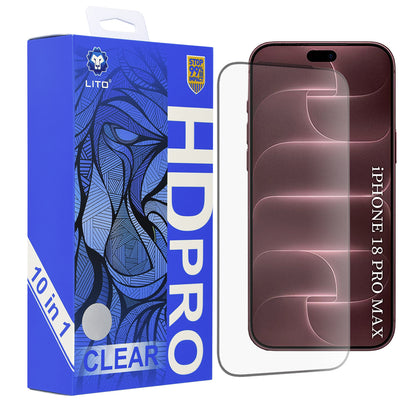 Lito HD Pro képernyővédő fólia Apple iPhone 18 Pro Max / 17 Pro Max készülékhez, edzett üveg, teljes felületén ragasztós, 10 darabos készlet, fekete