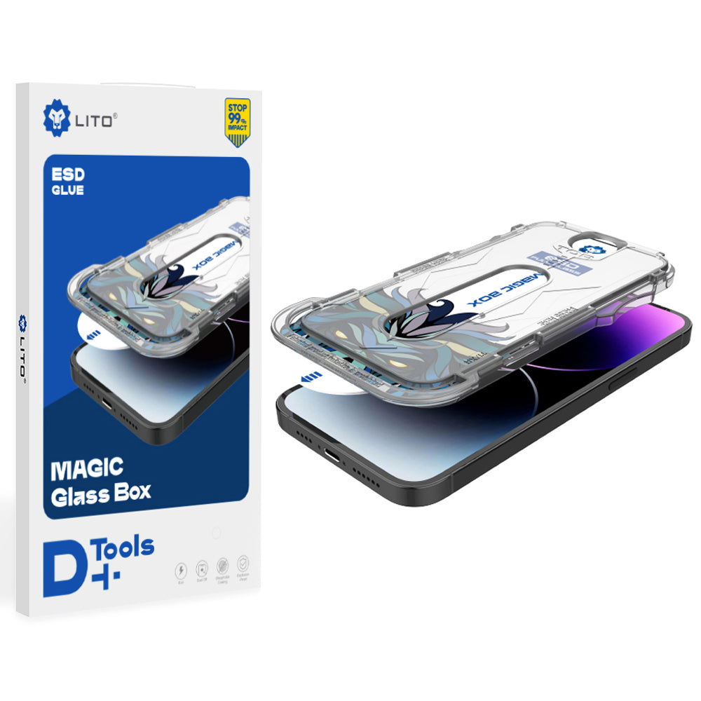 Lito Magic Glass Box D+ Tools képernyővédő fólia Apple iPhone 16-hoz, edzett üveg, teljes ragasztóval
