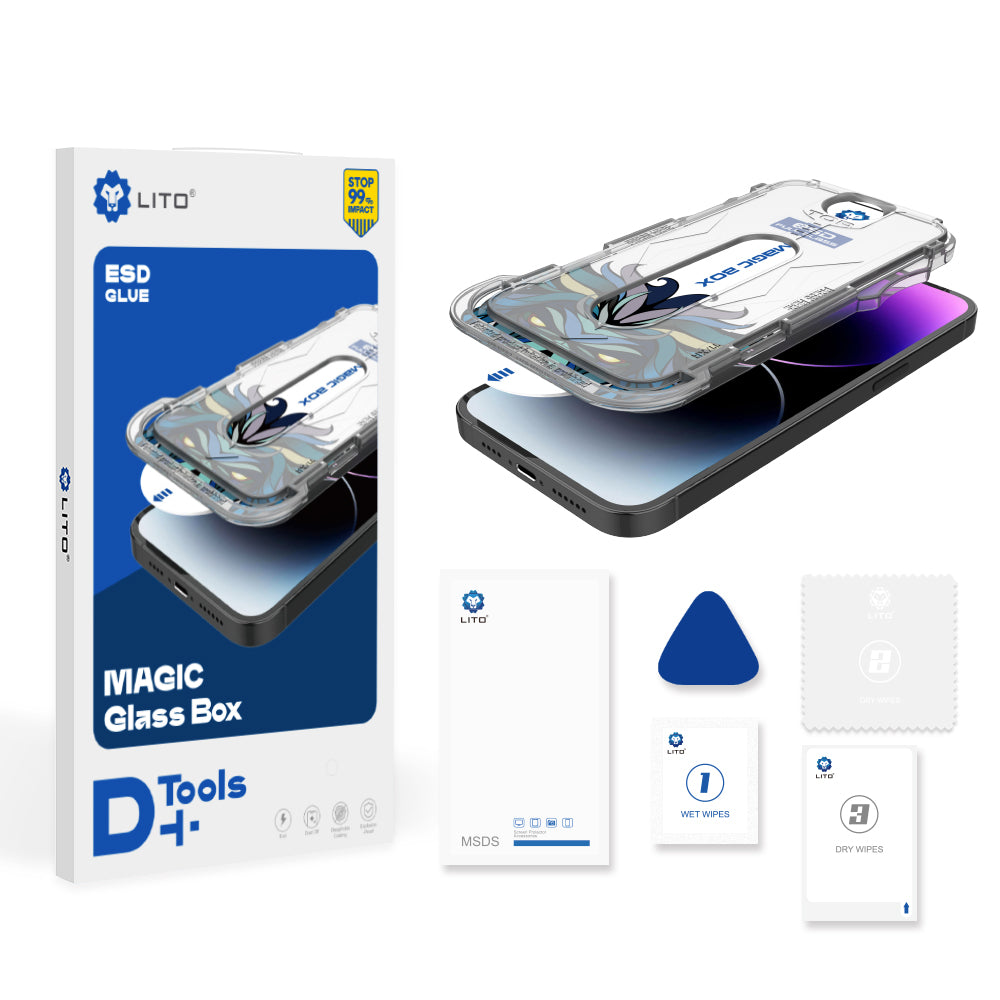 Lito Magic Glass Box D+ Tools képernyővédő fólia Apple iPhone 16-hoz, edzett üveg, teljes ragasztóval