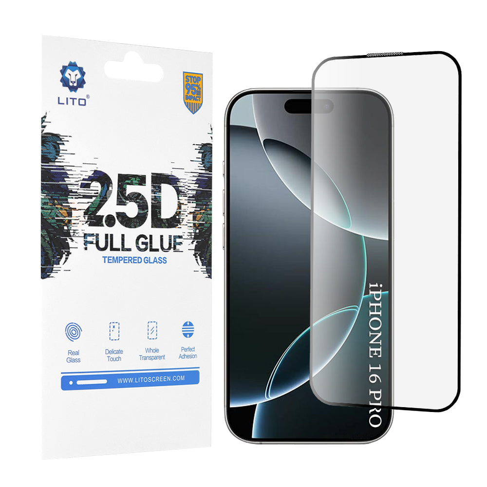 Lito képernyővédő fólia Apple iPhone 17 / 16 Pro készülékhez, Edzett üveg, Teljes ragasztás, 2.5D, Fekete
