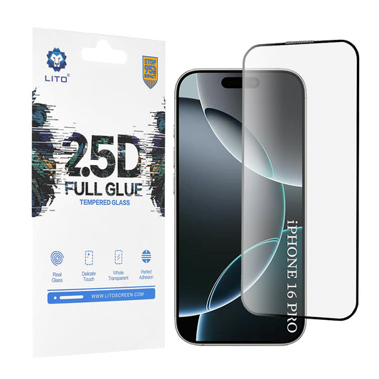 Lito képernyővédő fólia Apple iPhone 17 / 16 Pro készülékhez, Edzett üveg, Teljes ragasztás, 2.5D, Fekete