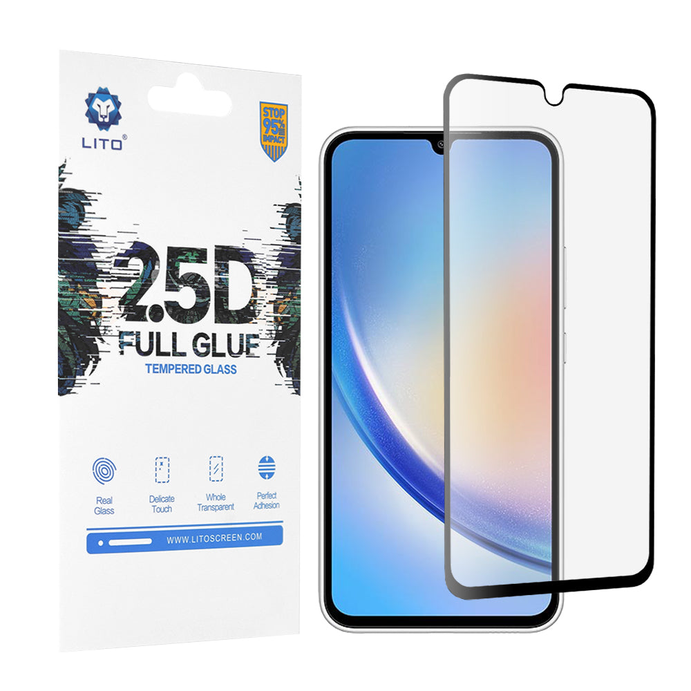Lito képernyővédő fólia Samsung Galaxy A34 A346-hoz, edzett üveg, teljes ragasztó, 2.5D, fekete