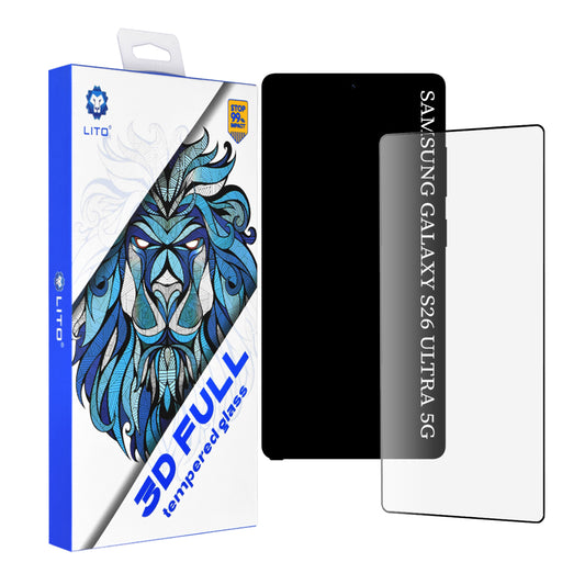 Lito képernyővédő fólia Samsung Galaxy S26 Ultra készülékhez, Edzett üveg, Teljes ragasztás, 3D, Fekete