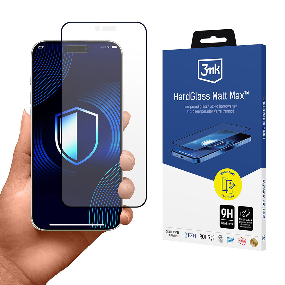 Matt 3MK HardGlass Max képernyővédő fólia Apple iPhone 17 Air-hez, Edzett üveg, Teljes ragasztás, Fekete