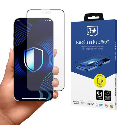 Matt 3MK HardGlass Max képernyővédő fólia Apple iPhone 17 Air-hez, Edzett üveg, Teljes ragasztás, Fekete
