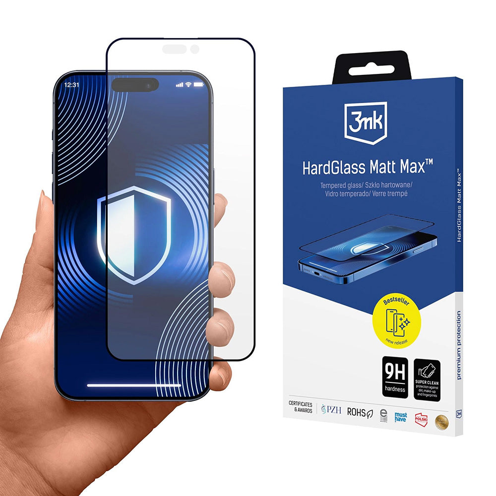 Matt 3MK HardGlass Max képernyővédő fólia Apple iPhone 17 Pro-hoz, Edzett üveg, Teljes ragasztás, Fekete