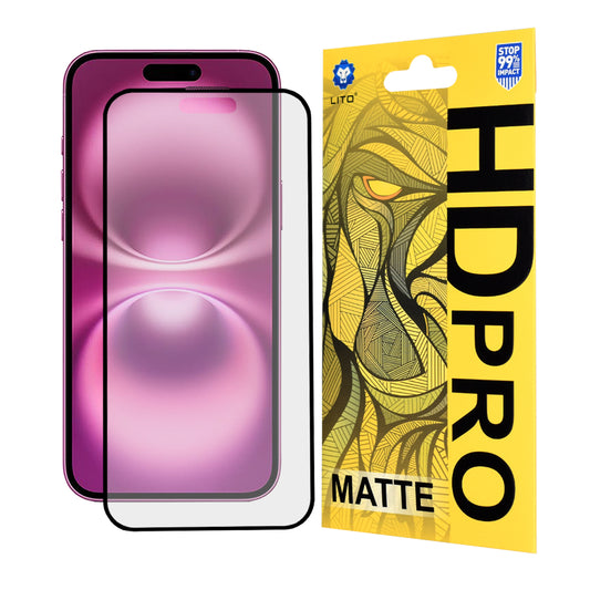 Lito HD Pro matt képernyővédő fólia Apple iPhone 16 Plus-hoz, edzett üveg, teljes ragasztó, fekete