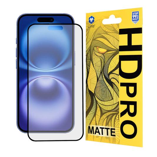 Lito HD Pro matt képernyővédő fólia Apple iPhone 16-hoz, edzett üveg, teljes ragasztó, fekete
