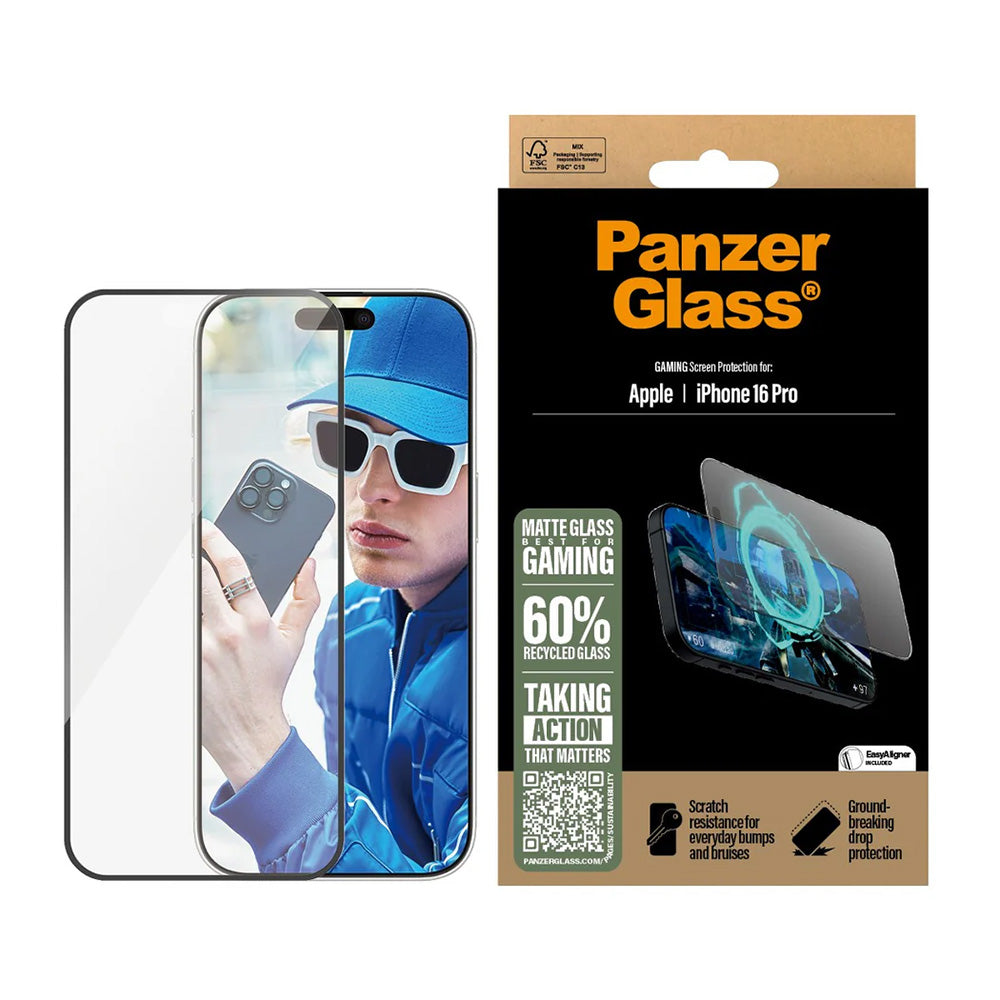 Matt PanzerGlass Ultra-Wide Fit Gaming védőfólia Apple iPhone 16 Pro-hoz, Edzett üveg, Teljes ragasztás, Fekete