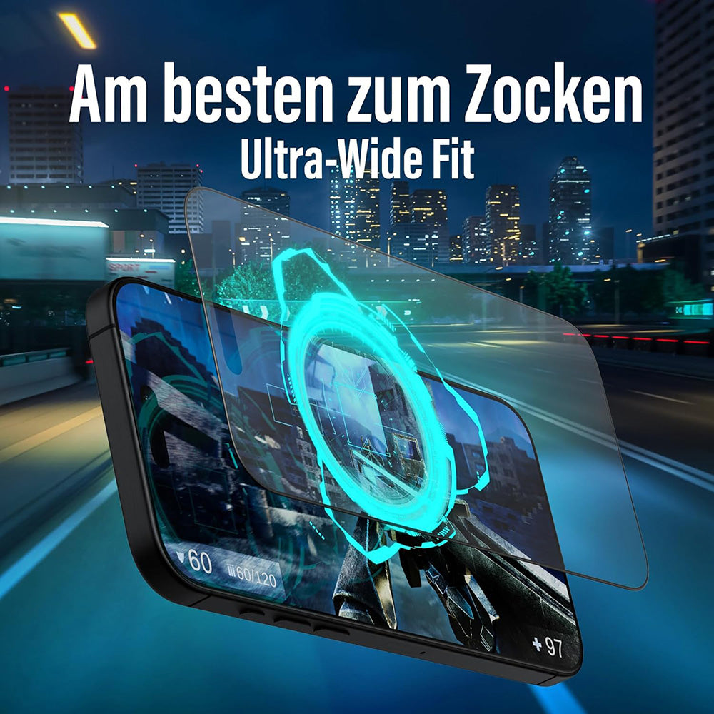 Matt PanzerGlass Ultra-Wide Fit Gaming védőfólia Apple iPhone 16 Pro-hoz, Edzett üveg, Teljes ragasztás, Fekete